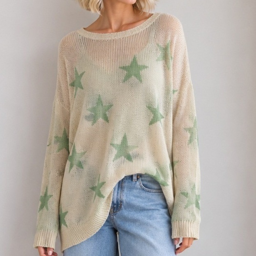POL Green Star celestial Knit Cardigan Sweater Womens Long Sleeve Cream Size Med